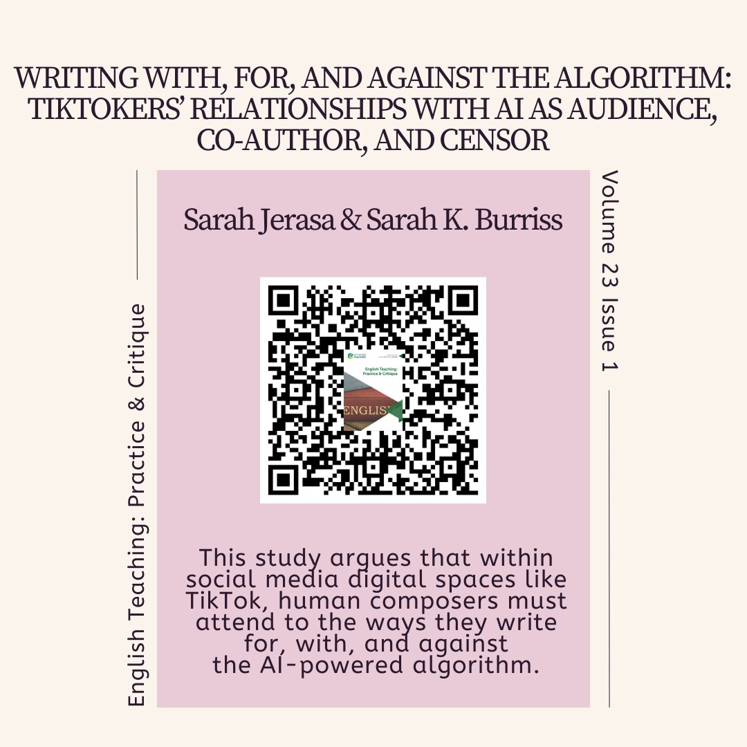 Next: Writing With, For & Against the Algorithm: TikTokers’ Relationships w/AI as Audience, Co-author & Censor by @saraheconroy & Sarah K. Burriss who argues that in spaces like TikTok, human composers must attend to how they write for, with & against the AI-powered algorithm.