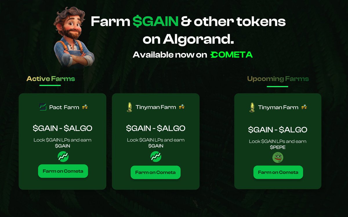 💥LIVE $GAIN farms: 

➡️Farm GAIN-ALGO Tinyman LPs, earn $GAIN

➡️Farm GAIN-ALGO Pact LPs, earn $GAIN

⛏️Next farm: GAIN-ALGO, earn $PEPE

🏦Earn the HIGHEST APRs on Algorand with Gainify

#Algofam
