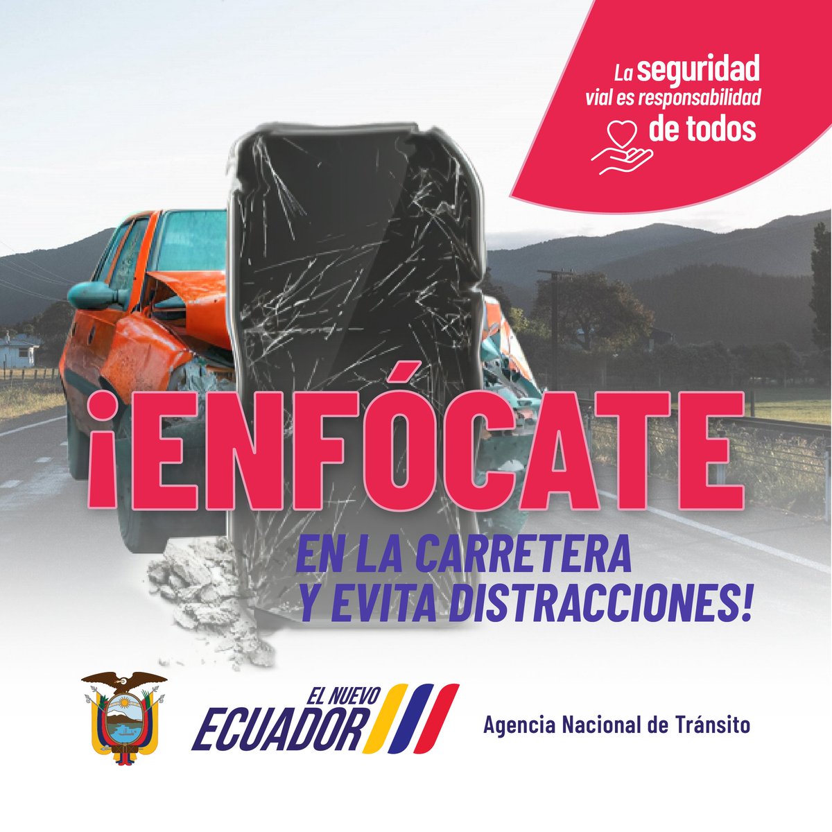 📵¿Sabías que el uso del celular cuando conduces es una de las principales causas de siniestros de tránsito en las vías? 🚘💥🚙

¡Enfócate en la carretera y evita distracciones!🛣️

La seguridad vial es responsabilidad de todos.

#SeguridadVialEC
#ElNuevoEcuador
