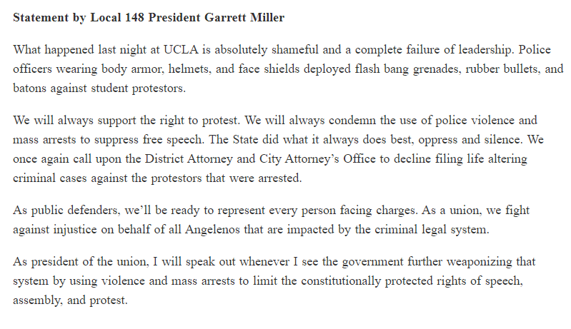The Los Angeles public defenders' union called the UCLA arrests "shameful and a complete failure of leadership" and said it is ready to "represent every person facing charges."