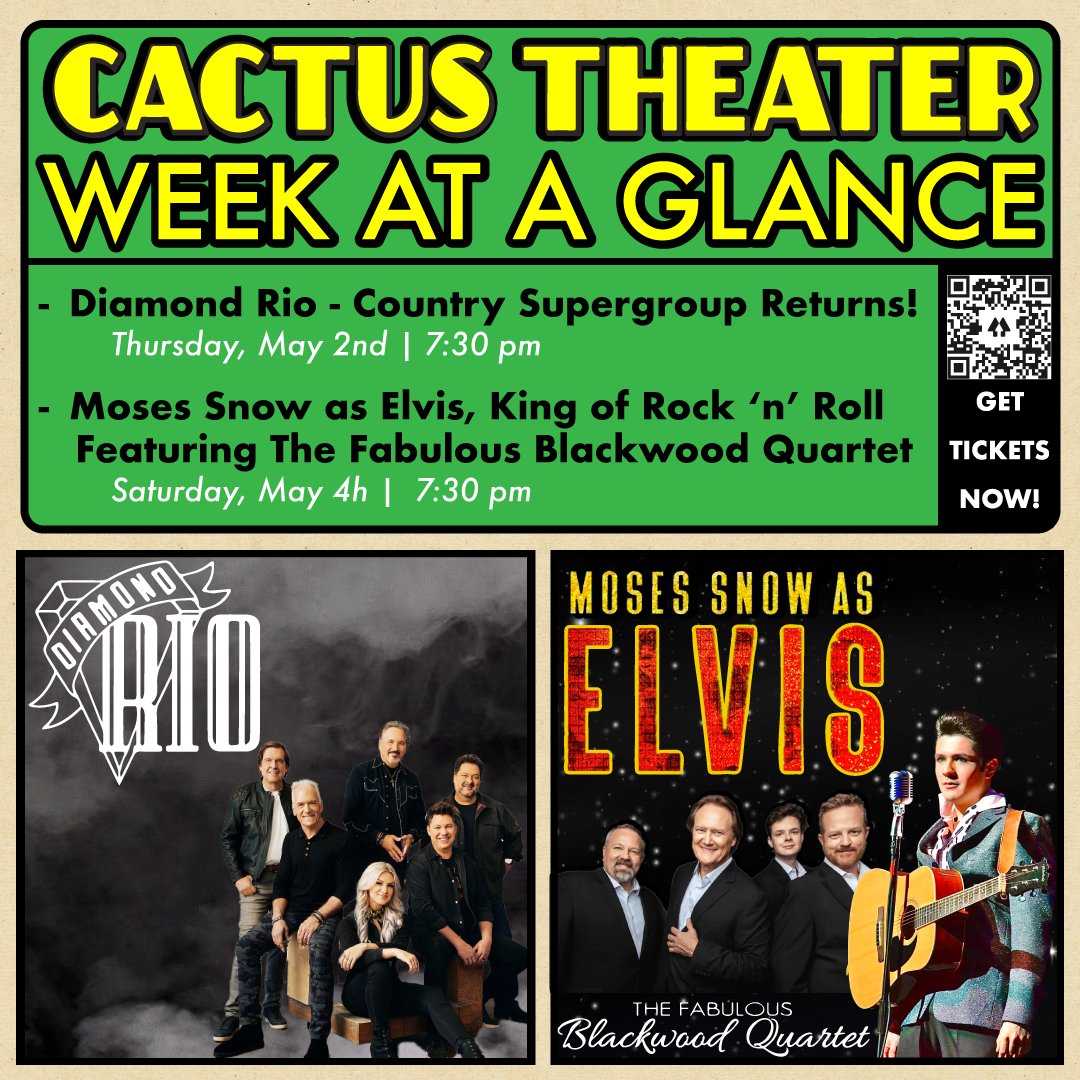 🚨 FEW SEATS REMAINING!🚨 We have two popular shows this week at the historic Cactus Theater. Tonight - DIAMOND RIO. This Saturday - MOSES SNOW as Elvis ft. THE FABULOUS BLACKWOOD QUARTET. GET TICKETS NOW! 🎟 > bit.ly/3MRhFGf or cactustheater.com | #lubbock