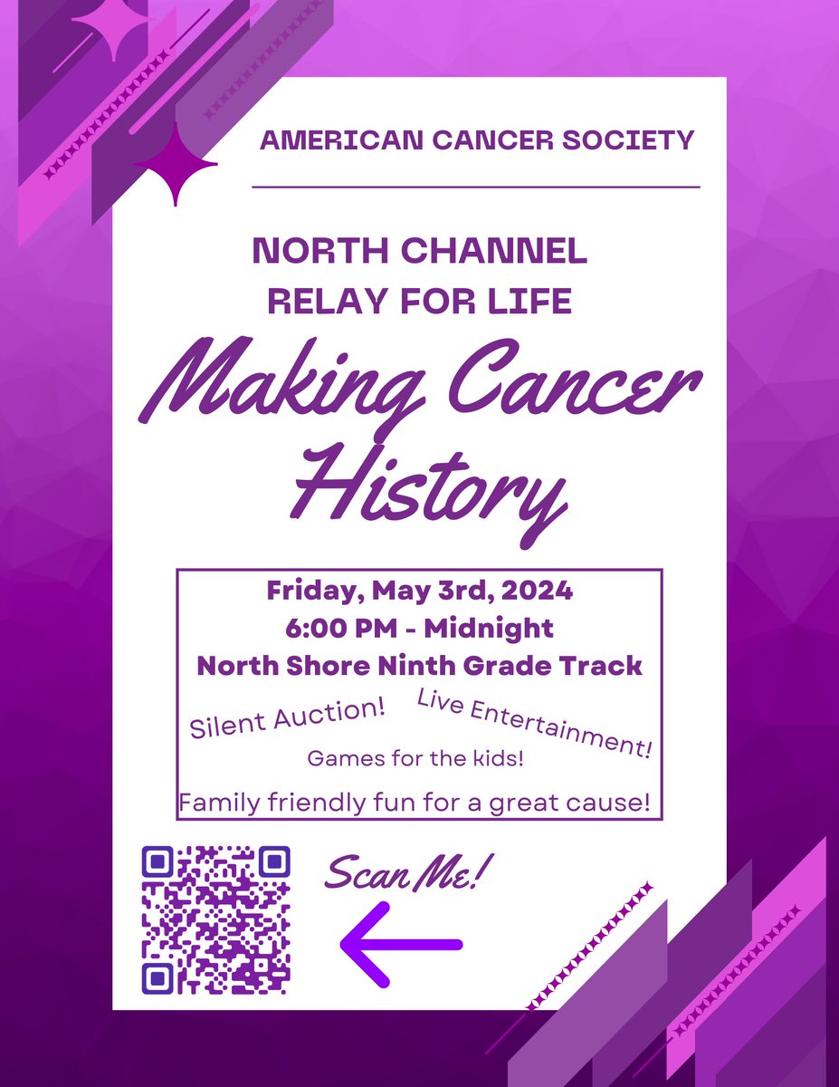The North Channel Relay for Life is Friday, May 3rd, from 6:00 PM to 12:00 AM. Please share with your community, family, and friends. We can't wait to see you!