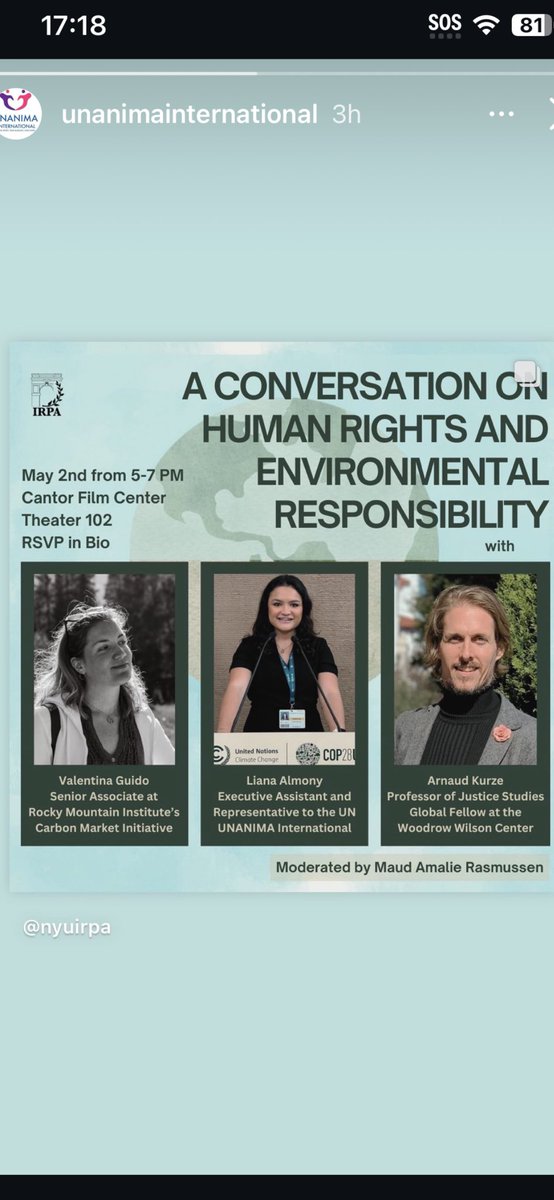 A conversation Human Rights and Environmental Responsibility with Liana Almony ⁦@UNANIMAIntl⁩ in NYU this pm