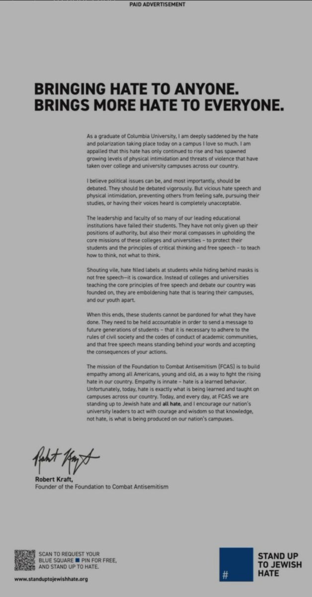 See Robert Kraft's letter below.
Mr Kraft announced he'd be publishing this letter last night; interestingly the biden's 'speech' today contains some of Mr Kraft's words. But the biden stops short at free speech, leaving the most meaningful and instructive parts out.