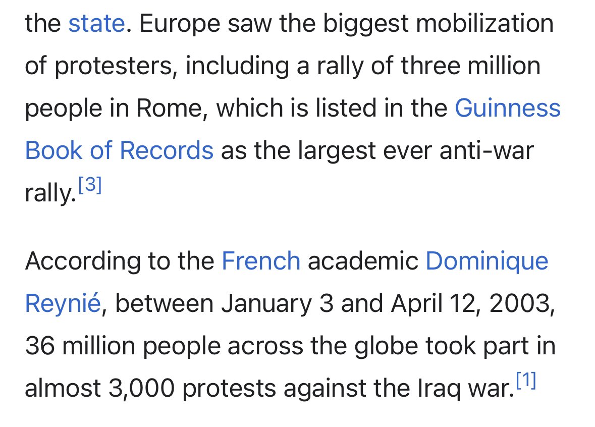 >”The Iraq war didn’t cause the massive protests we see today against 🇮🇱” Bitch, those against the Iraq war were literally the biggest mass protest ever happened in human history ~36 million people marching worldwide 3 million in Rome alone! (largest anti-war rally in history)