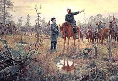 THE LAST MEETING
By : Mort Kunstler 

Historic research proved otherwise, Dr. James Robertson Jr., the acclaimed Civil War scholar and the foremost authority on 'Stonewall' Jackson, confirmed the results of my research: the real last meeting was nothing like the popular Julio