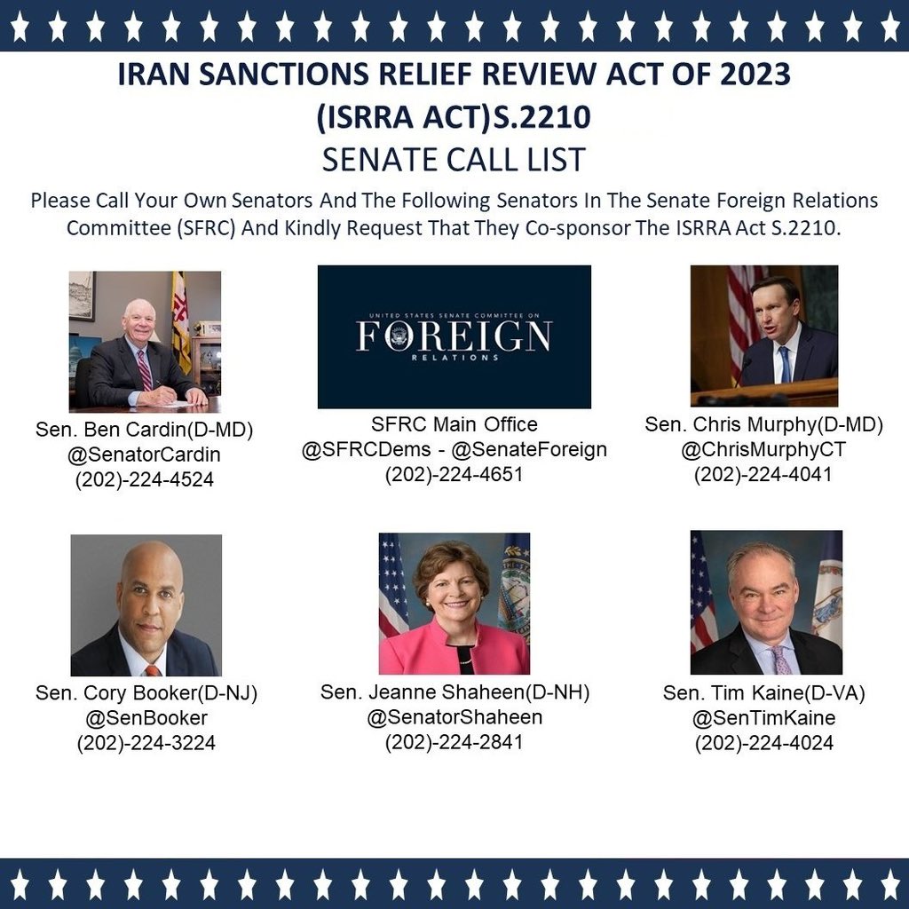 Please call and ask for their cosponsorship of the #ISRRAAct S2210 today. This bill will ensure that the President cannot unilaterally release any more funds to Iran’s terror regime without congressional oversight. We do not want the Islamic regime to receive any more funds…