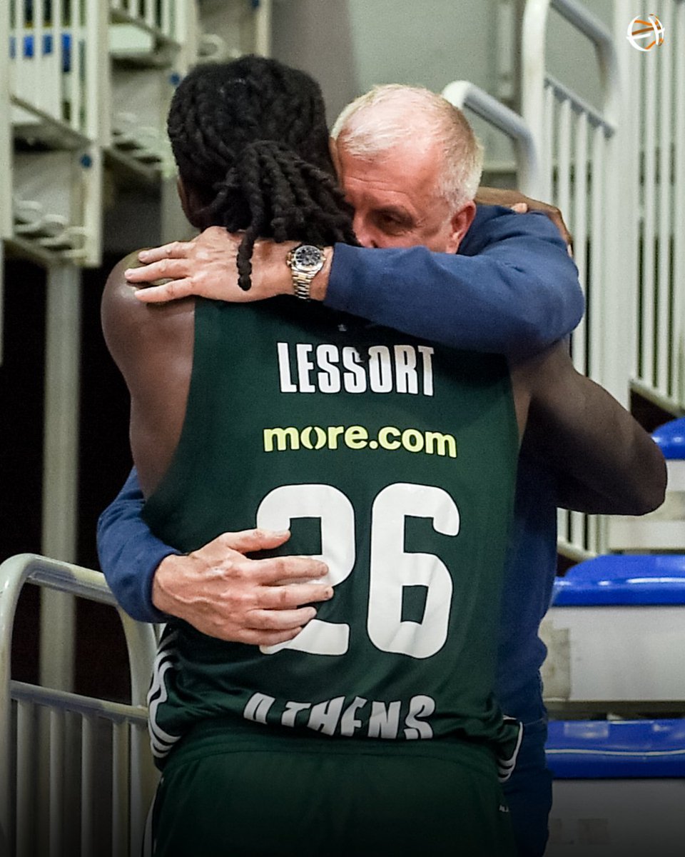 🫂☘️ Mathias Lessort shared a special moment with his former coach in Partizan Zeljko Obradovic after Game 4 against Maccabi!