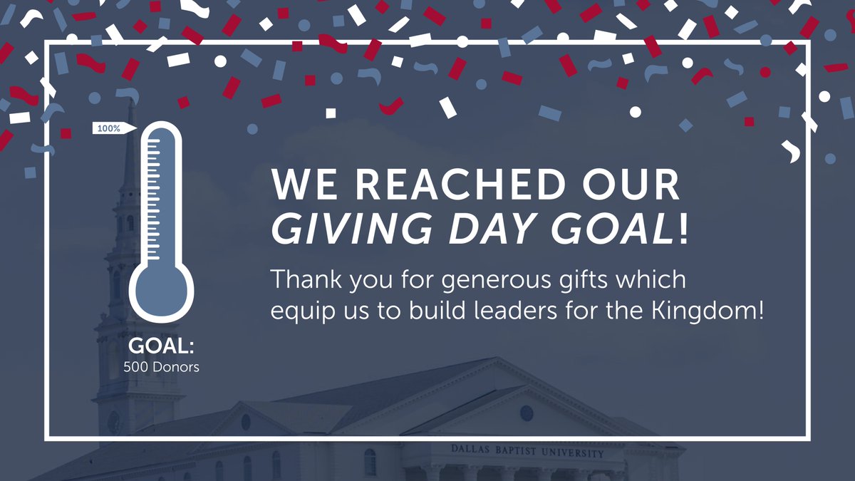 Thanks to the generosity of the DBU Family, we have met our Giving Day goal and have raised over $260,000 from 550+ Patriots! Thank you to everyone who has given to and prayed for DBU today! If you haven't already given, there's still 8 hours left! Go to dbu.edu/giving-day.