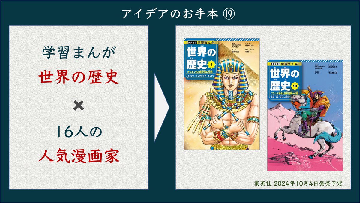 この表紙、めっちゃスゴくないですか？

歴史を楽しみながら学べる

「学習まんが 世界の歴史」全18巻が、

22年ぶりに全面リニューアルされる。

全18巻の表紙イラストは、

「キングダム」の原泰久さん、

「ジョジョの奇妙な冒険」の荒木飛呂彦さん

たち、集英社各紙で活躍中の16人の…