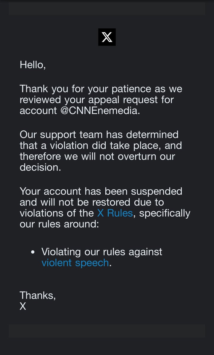 This platform is so screwed up that just one idiot can report a slang term of encouragement as 'violent speech' and the corporate machine burns an innocent person's account for good (@CNNEnemedia) cc: @elonmusk @Support