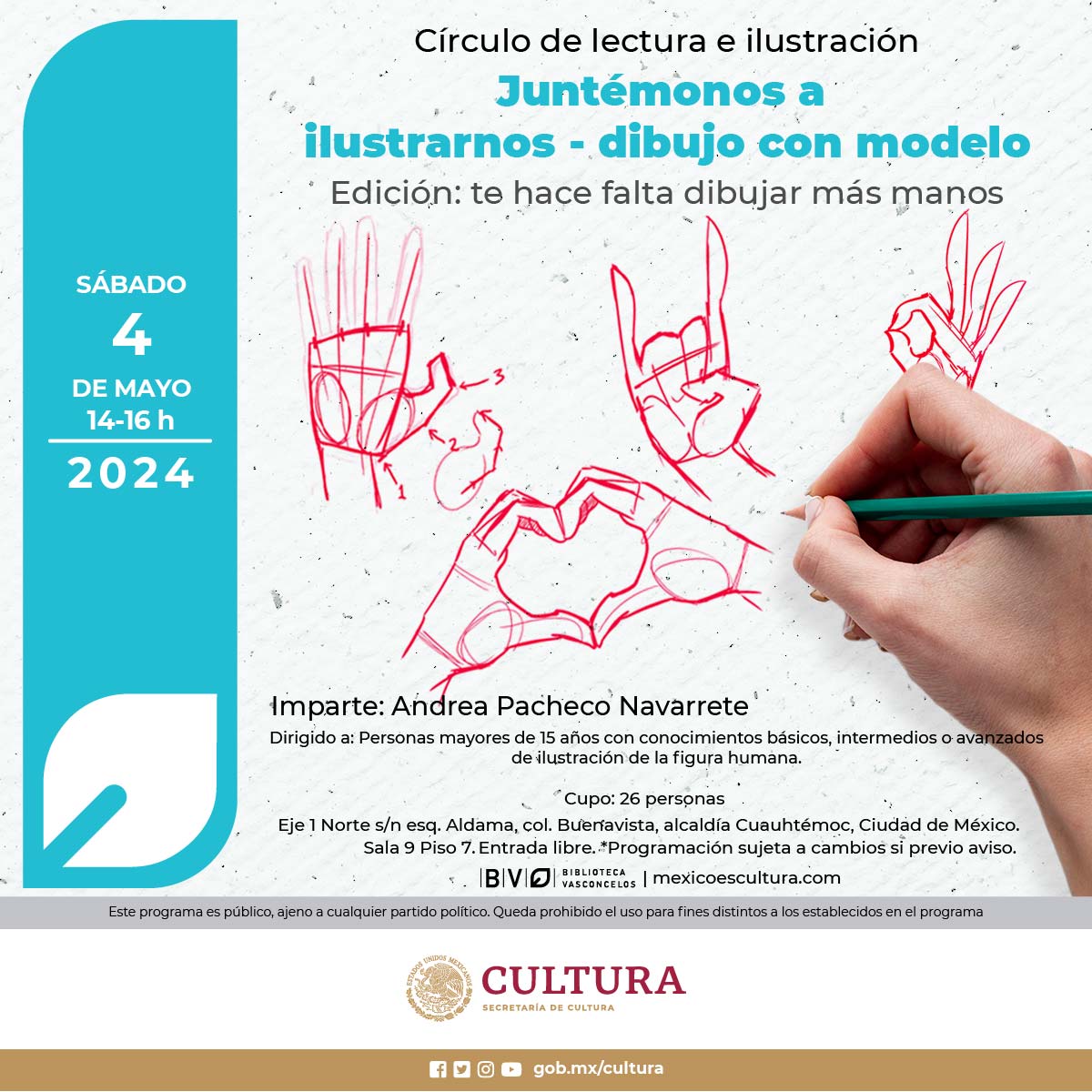 ¡Desata tu creatividad en una sesión de ilustración dedicada a las manos! Únete a nosotros para practicar y dominar la difícil tarea de dibujar manos en tus ilustraciones. 🗓️ 4 de mayo, 14 h 📍 Sala 9, piso 7 👥 Cupo: 25 personas #dibujodemanos #BibliotecaVasconcelos #I♥️BV🐋📖