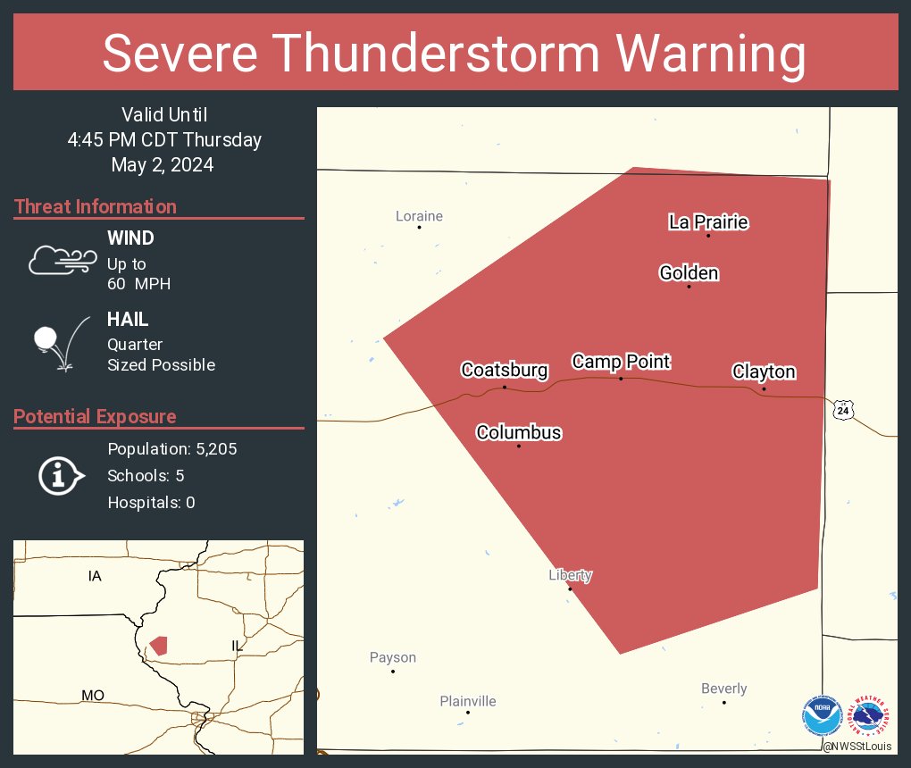 Severe Thunderstorm Warning continues for Camp Point IL, Clayton IL and Golden IL until 4:45 PM CDT