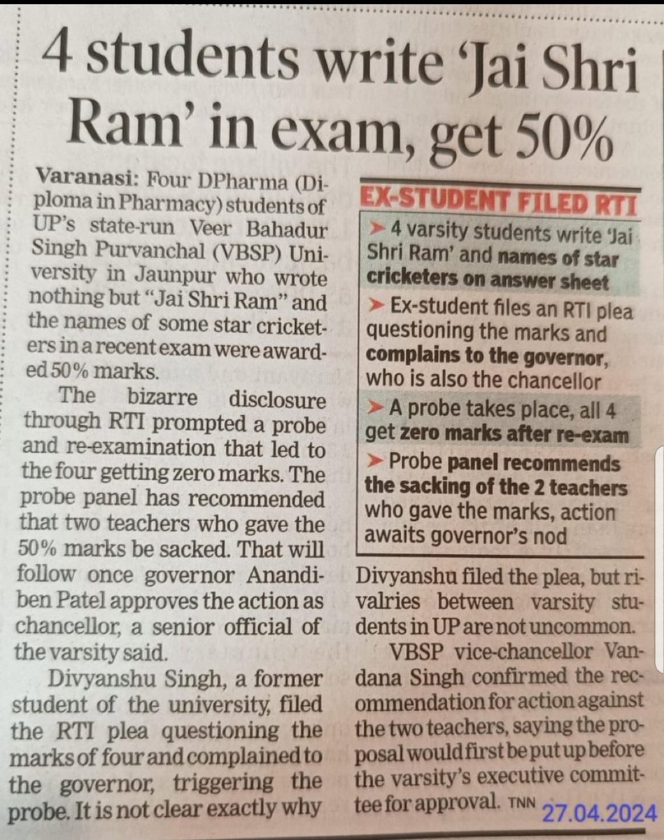 I don't know what will be the future of Indian students in uttar Pradesh student write his exam paper religious slogan and he got a 50% mark when he has to give the answer of questions anyway this is what Indians won their future