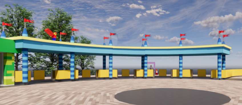 Within the plaza, the existing toilets will remain but receive enhanced theming, the current LEGOLAND Coffee Co. will become the new Guest Services building, & the current guest services building will be converted into Brick Street Café. The ticket barriers will sit at the back.