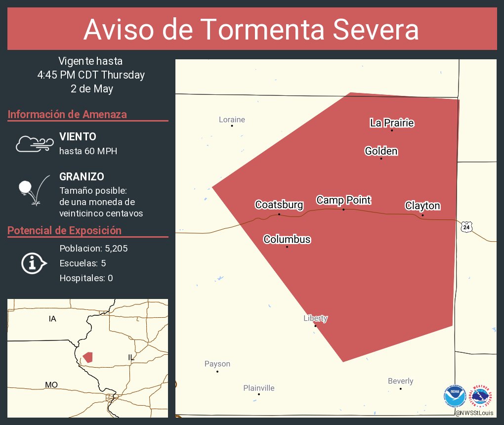 Aviso de Tormenta Severa continúa Camp Point IL, Clayton IL, Golden IL hasta las 4:45 PM CDT