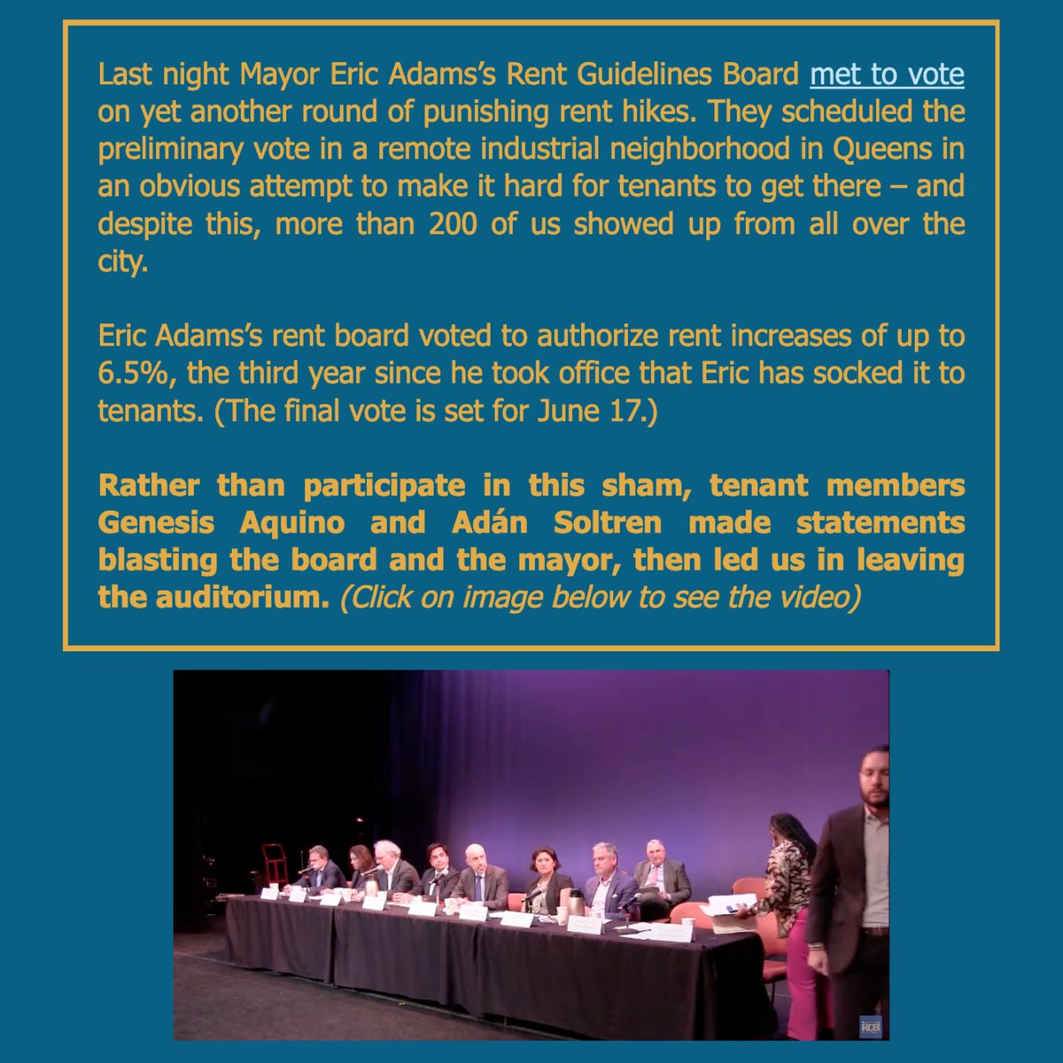 TenantsPAC (@tenantspacny) on Twitter photo On Tuesday <a href="/NYCMayor/">Mayor Eric Adams</a>’s RGB met to vote on another round of punishing rent hikes. They scheduled the preliminary vote in a remote industrial neighborhood in Queens in an obvious attempt to make it hard for tenants to get there. Despite this, + 200 of us showed up from all over! On Tuesday <a href="/NYCMayor/">Mayor Eric Adams</a>’s RGB met to vote on another round of punishing rent hikes. They scheduled the preliminary vote in a remote industrial neighborhood in Queens in an obvious attempt to make it hard for tenants to get there. Despite this, + 200 of us showed up from all over!