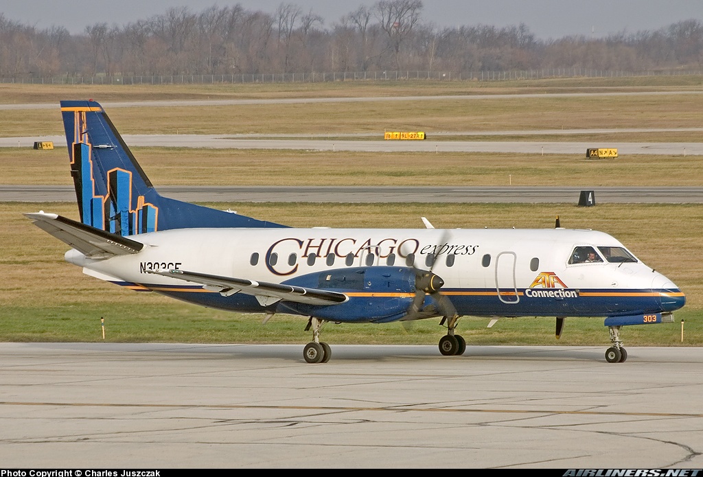 Chicago Express - ATA Connection
Saab 340B N303CE 
SBN/KSBN South Bend International Airport
December 4, 2004
Photo credit Charles Juszczak
Jumpseated on her MDW-MKE July 16, 2001
#AvGeek #Saab #WindyCity #SBN #WDY #ATA #AvGeeks #SouthBend #ChicagoExpress