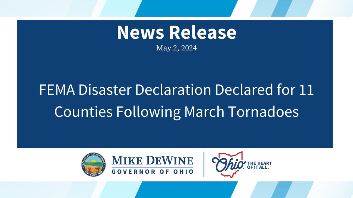 I am pleased that a Disaster Declaration has been issued for the FEMA Individual Assistance Program as a result of tornadoes on March 14, 2024. This assistance will provide needed federal relief to affected Ohioans as soon as possible. More info: bit.ly/3WiMgnU