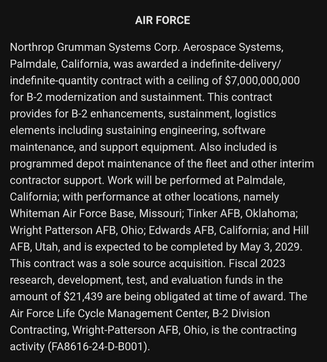 ❗🇺🇲 The Department of Defense has awarded Northrop Grumman a $7 billion contract for B-2 Spirit modernization and sustainment. The US Air Force plans to continue operating them until at least 2032, when they will be replaced by Northrop's new B-21 Raider.