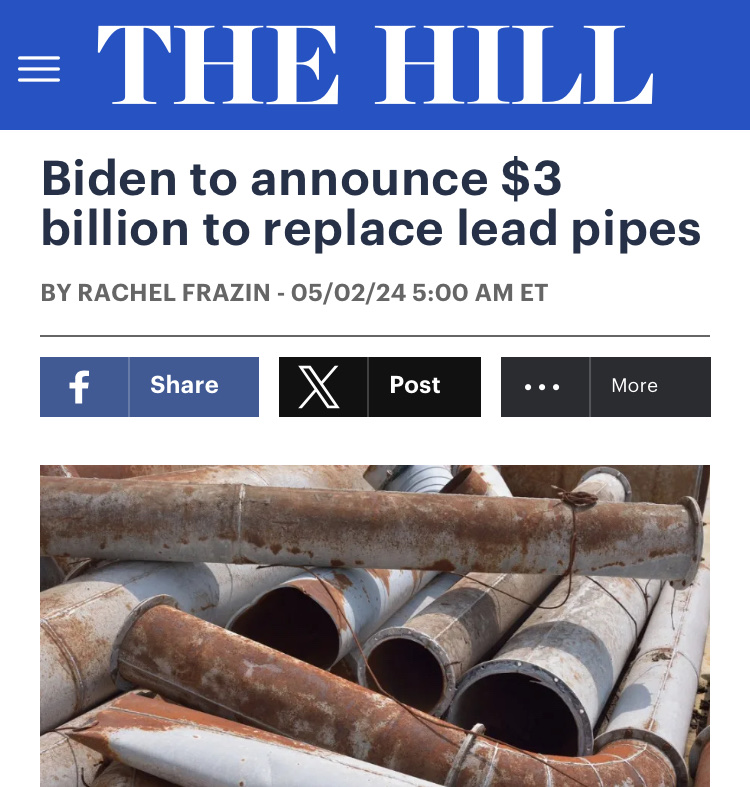 Huge news! This will help us get rid of lead pipes—an investment that is only possible because of my legislation in the Bipartisan Infrastructure Law. It's past time we deliver clean water for all.