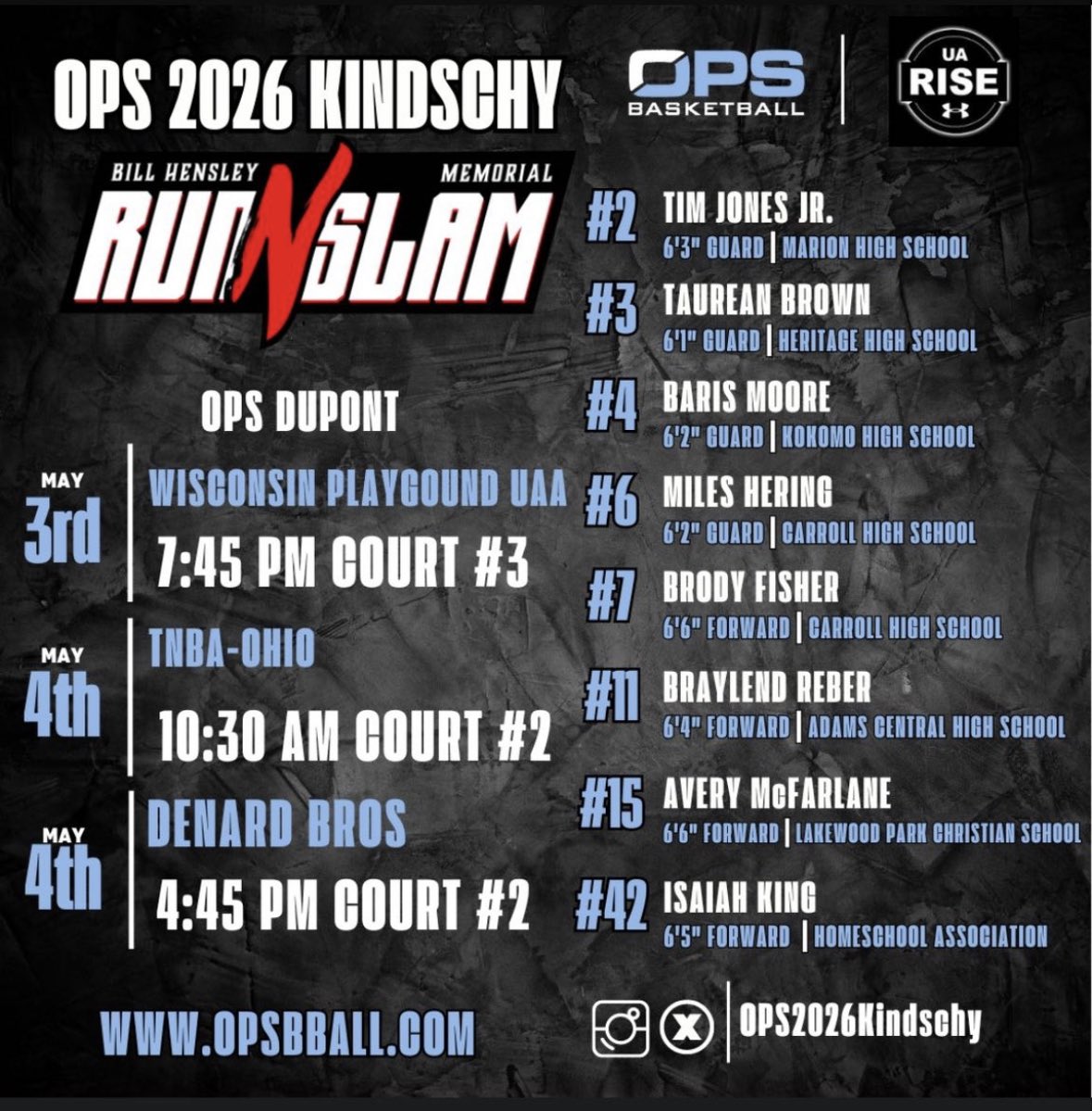 We’re home in Ft Wayne this weekend for the Run N Slam… always one of the best events of the year!

Roster and pool play schedule is below… @ops_bball