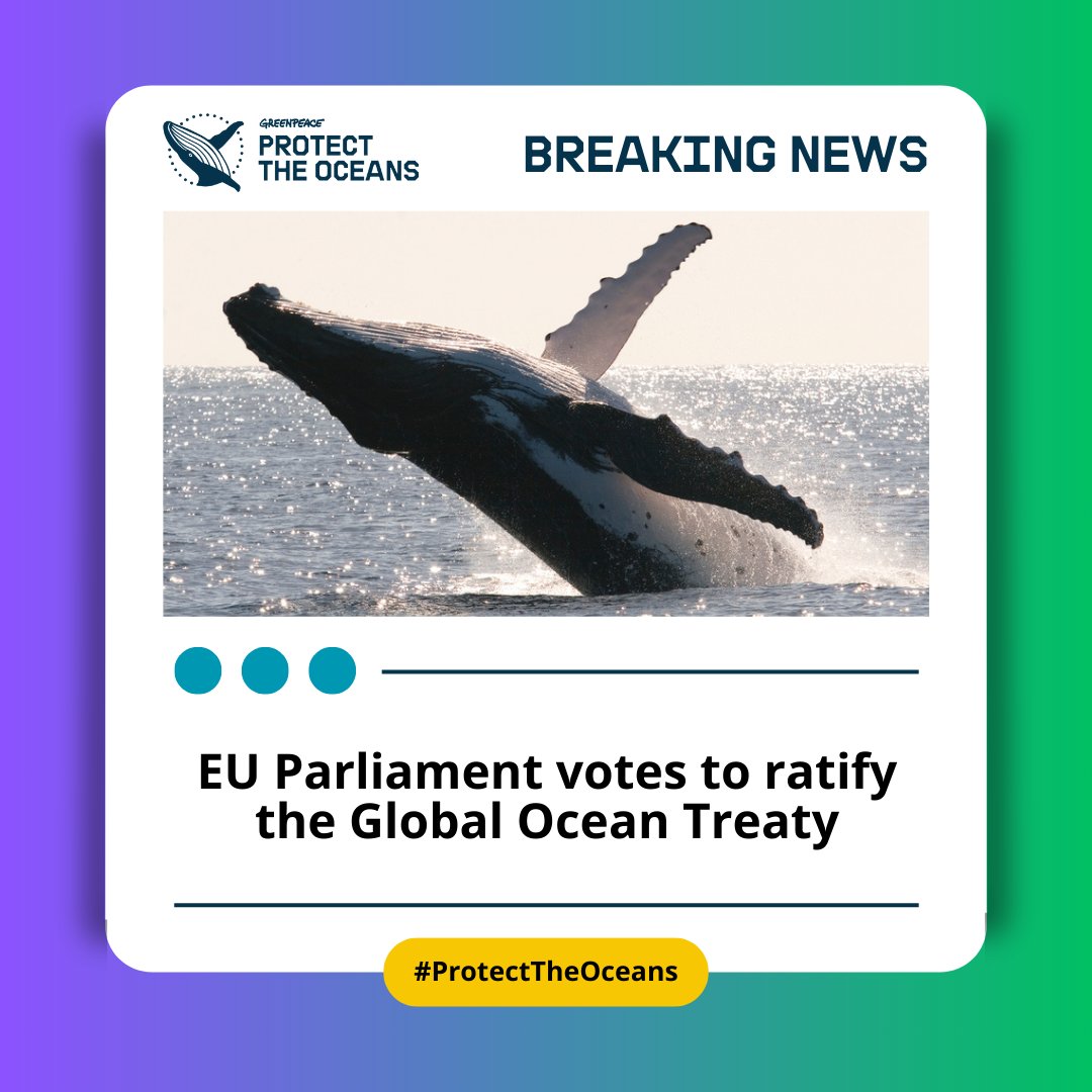🎉 Last week, the EU Parliament voted to ratify the Global Ocean Treaty. With a significant majority of 556 to 36, the EU vote could inspire others to ratify. World governments need to sign on and push for this historic Treaty to become law in order to #ProtectTheOceans.