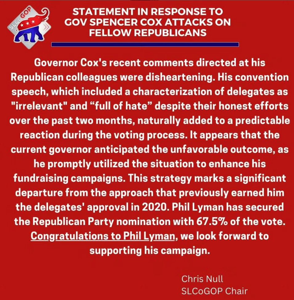 INBOX: Several county Republican parties have now spoken out to criticize Gov. @SpencerJCox for his remarks at Saturday's GOP convention where he told delegates, 'maybe you hate that I don't hate enough.' Counties include Washington, Davis, Salt Lake, Utah, and Iron. I have not…