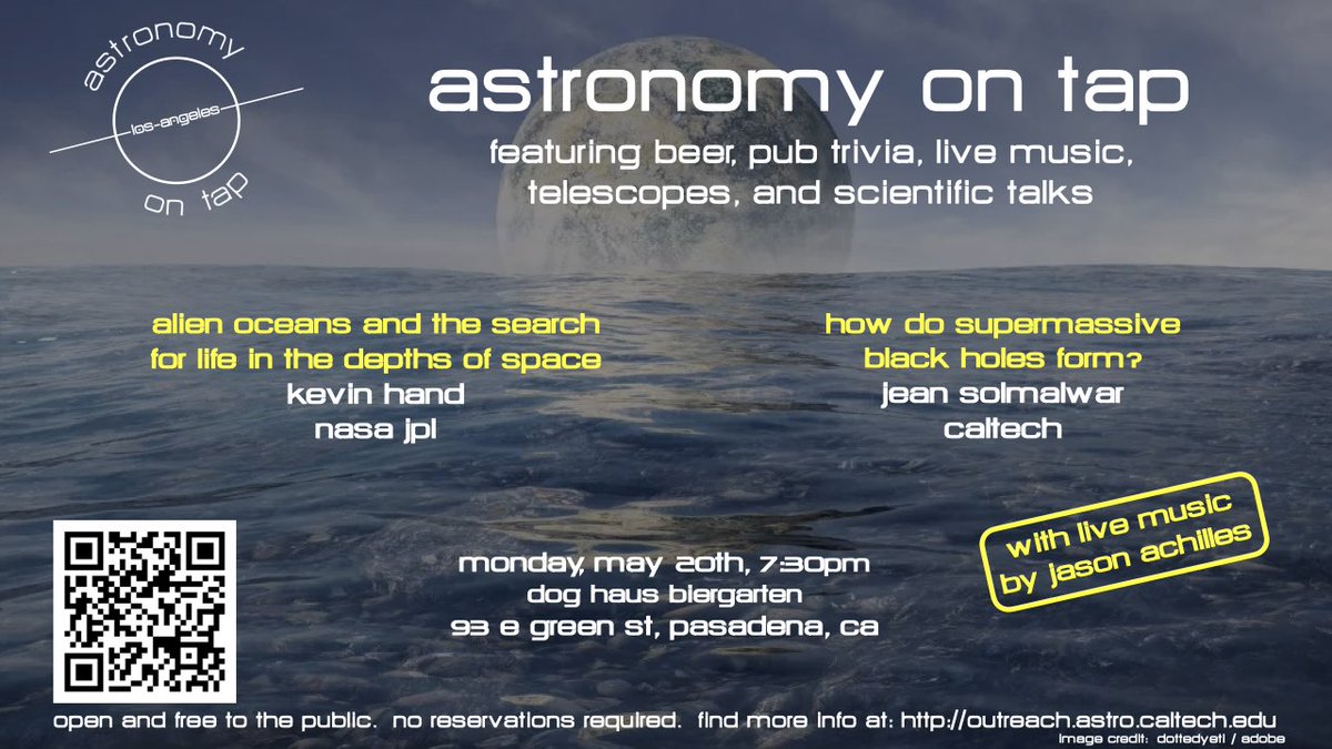 How do the largest black holes in the universe form? Where is the best place to find life beyond Earth? Find out at our next Astronomy on Tap on Monday, May 20! Free and open to all with astro-themed pub trivia, live music, & telescopes. outreach.astro.caltech.edu/aot