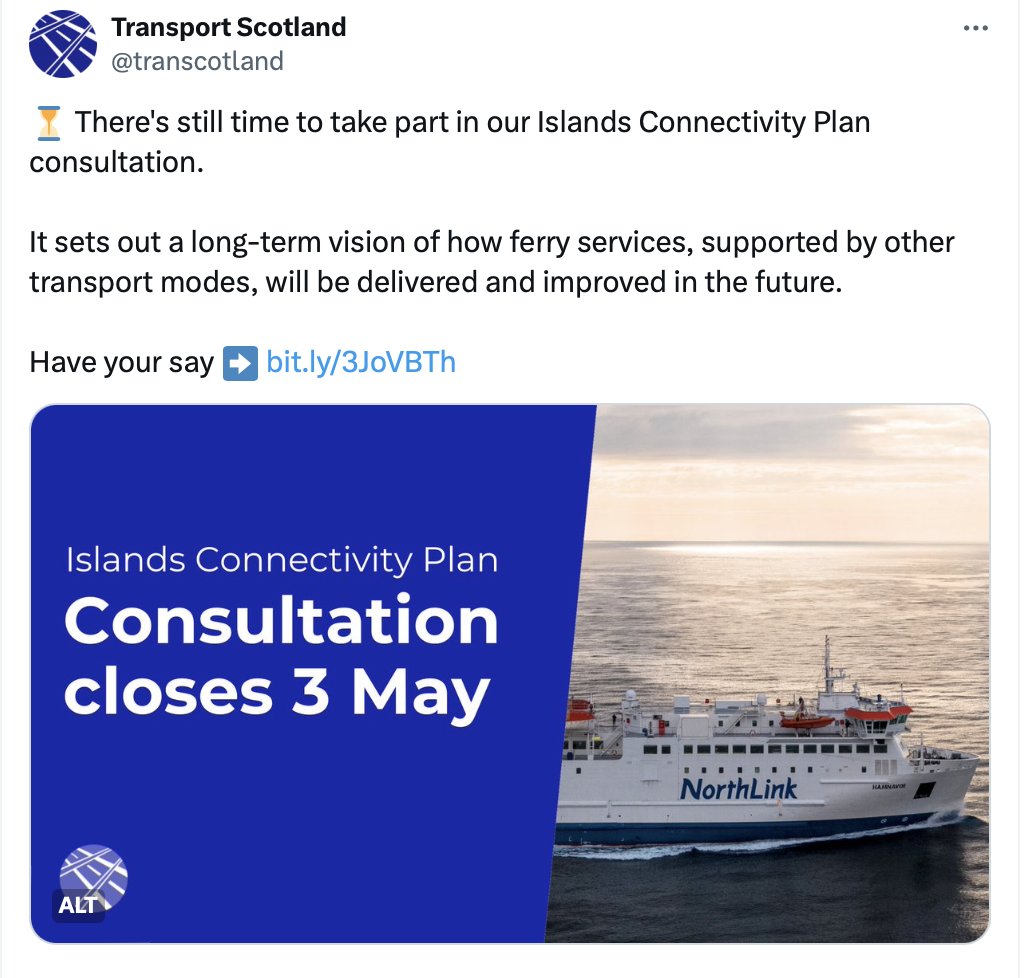 Hi @ScotGovEngage and @transcotland
Is the closing date for the Islands Connectivity Plan 3rd or 6th May? Between you, you've given two different dates. Online it says 3rd - frustrating for anyone aiming for the 6th & then finding they've missed it
x.com/transcotland/s…