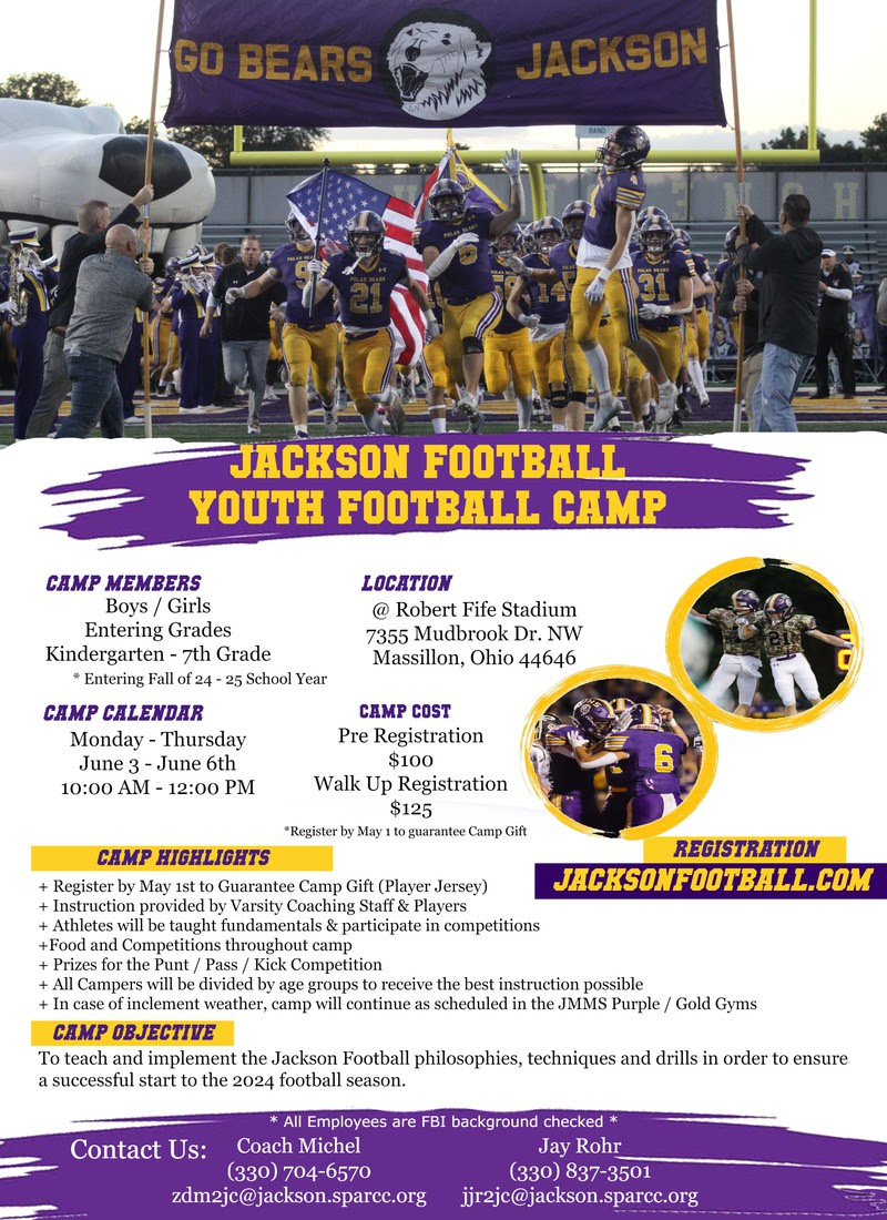🏈 Ready for summer football fun? Enroll your child in the Jackson Football Youth Camp! 🎉 K-7th graders, June 3-6, prizes & skills! Sign up by May 1 for a special jersey. 🐻💜💛 #GoBears #YouthCamp #FootballFun

Visit bit.ly/3W5cw59 for info! 🏟️