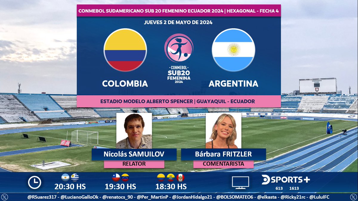 Hoy, desde las 20, los esperamos con el Sudamericano Femenino Sub 20 EN VIVO por @DSports: ⚽ #Sub20Fem 🌎 | 🇨🇴 #Colombia vs. #Argentina 🇦🇷 🎙Relator: @NicolasSamuilov 🎙Comentarista: @barbiefritzler 📺 @DSports + (613-1613 HD) Sudamérica 💻📱@DGO_Latam