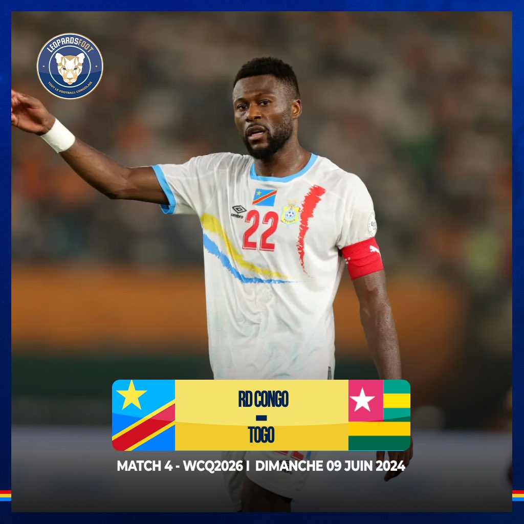 🐆 Éliminatoires Coupe du monde 2️⃣0️⃣2️⃣6️⃣ 

Sauf changement, le choc du Groupe 🅱️ entre le Sénégal et la RD Congo 🇨🇩 se jouera le jeudi 06 juin 2024 à Dakar. 

Trois jours plus tard, les Léopards accueilleront le Togo à Kinshasa. 

#SENRDC #RDCTGO #WCQ2026 #congo