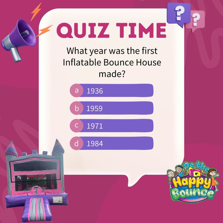 🤩Let's see if you know what year the first inflatable bounce house was made!😆 #bouncehouse #inflatables #fun #quiztime #quiz #partyrentals dlvr.it/T6L7r3