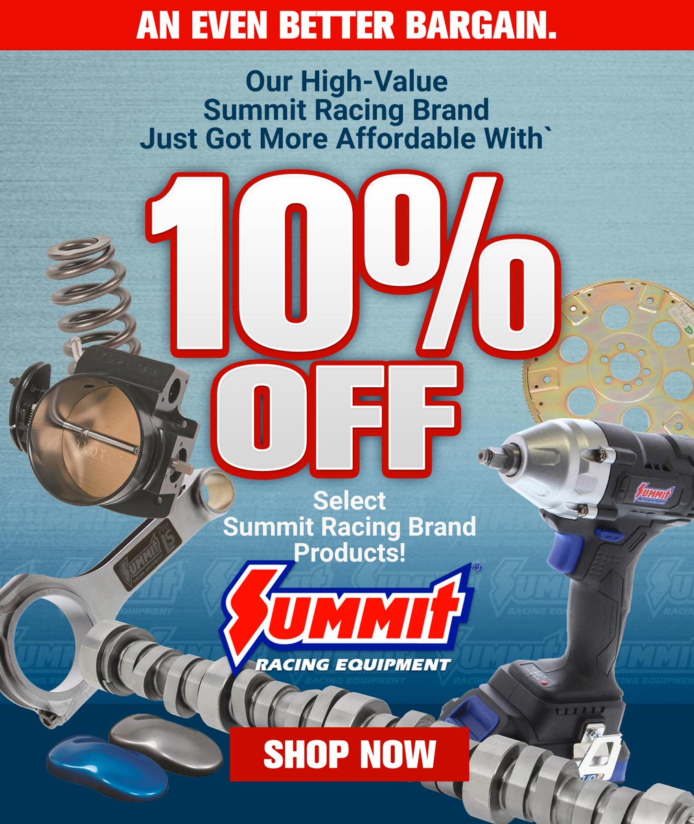 Summit Racing Equipment branded parts and accessories just got even more affordable with 10% OFF through May 5 on select Summit Racing brand products. 🏁 bit.ly/4dfRMxw 🏁