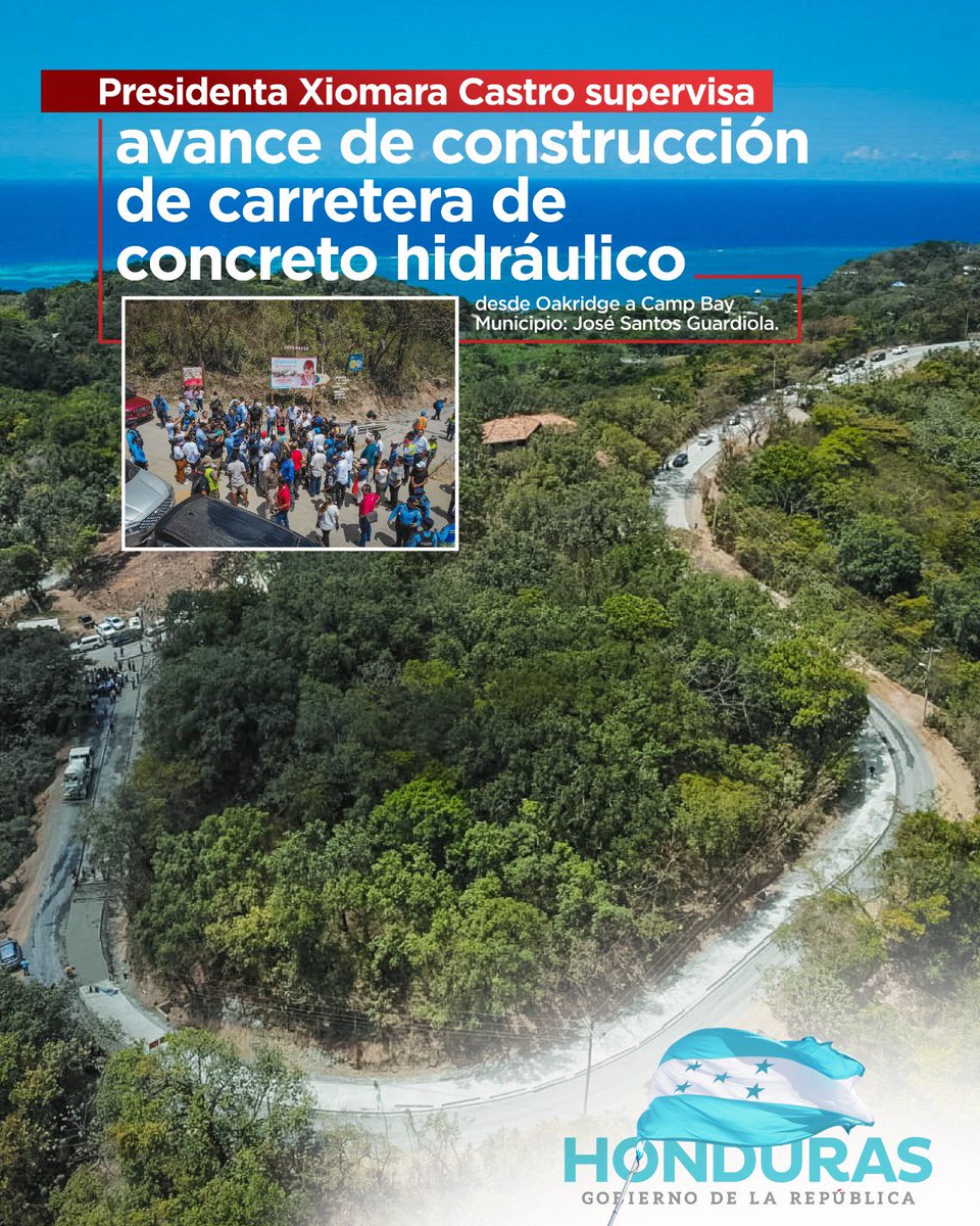 Avanza la pavimentación de concreto hidráulico del tramo carretero de Oakridge a Camp Bay, Islas de la Bahía. 🚜🚧 La Presidenta @XiomaraCastroZ supervisó este día la construcción de 10.6 km de carretera que está beneficiando a 12,229 personas. #XiomaraCumple