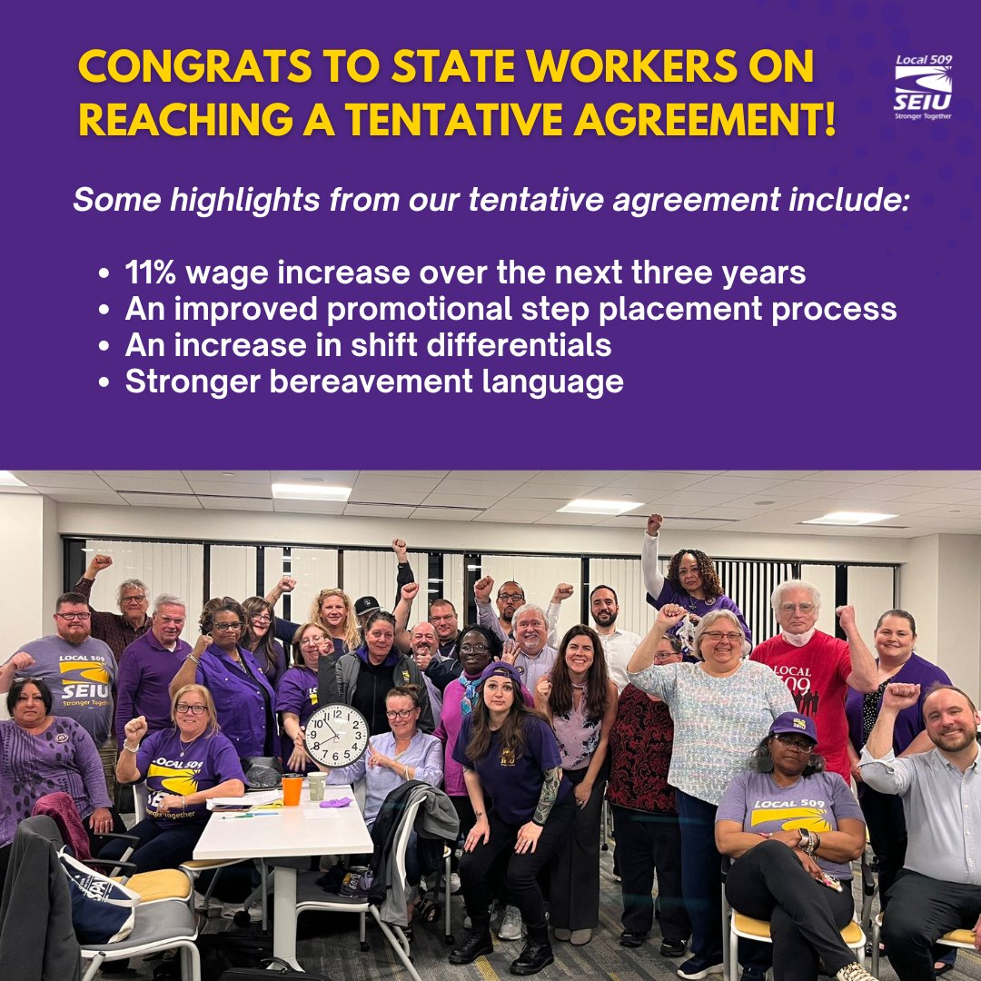 Yesterday, Local 509 reached a tentative agreement with the Commonwealth on our next state contract! Thank you to all of our state workers who showed up strong at bargaining, made calls, and signed petitions -- your advocacy & hard work are appreciated! ✊