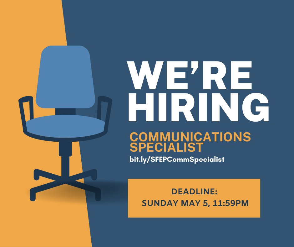 ‼️Applications for the Communications Specialist role will close this SUNDAY MAY 5 at 11:59PM ‼️ Salary: $101-148k annually Posting: bit.ly/SFEPCommSpecia… #hiring #communications #climatechange #environment #jobs