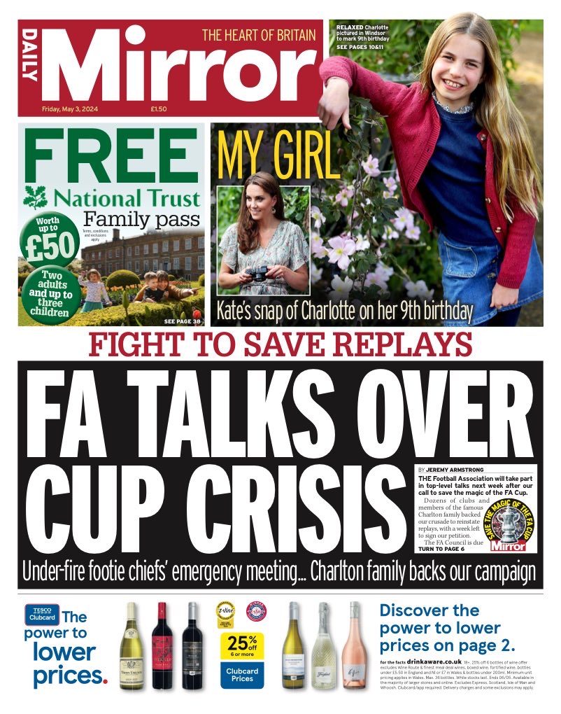 TOMORROW'S PAPERS: #DailyMirror MORE: T.LY/i32aJ The Football Association will take part in top-level talks next week to save the magic of The FA Cup. That is Page 1 of tomorrow's DAILY MIRROR. #TomorrowsPapersToday #PressPreview #NewsReview #InformingBritainPapers