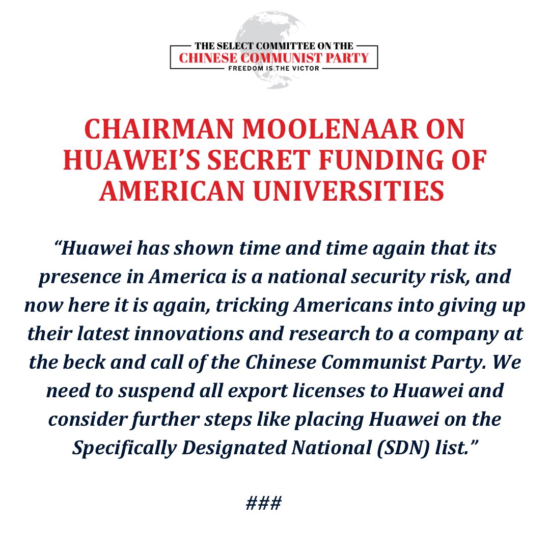 Today, Chairman @RepMoolenaar released a statement on the news that @Huawei has secretly funded research at American universities like @Harvard through an independent foundation. ⬇️