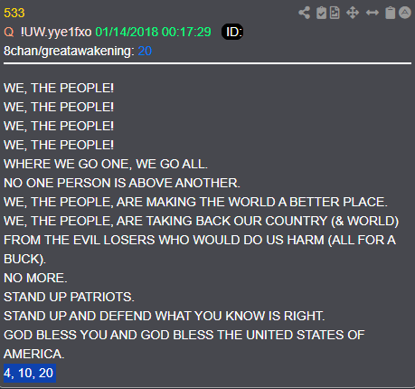 Trump on Truth. 5:33est Timestamp. It was an honor to see the brave men and women of the FDNY this evening! WE, THE PEOPLE! WE, THE PEOPLE! WE, THE PEOPLE! WE, THE PEOPLE! WHERE WE GO ONE, WE GO ALL. NO ONE PERSON IS ABOVE ANOTHER. WE, THE PEOPLE, ARE MAKING THE WORLD A…