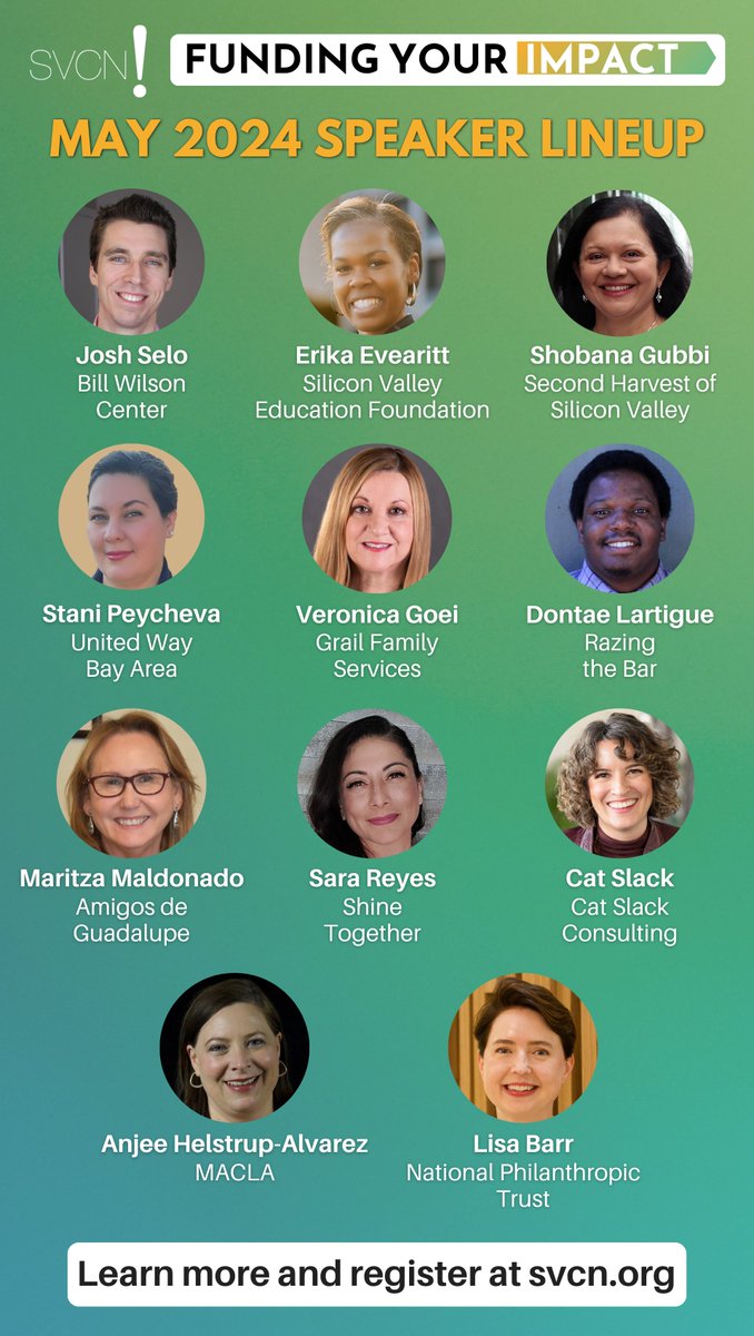 At #FundingYourImpact you'll hear from nonprofit leaders and leading experts in the fund development field from: 🟢 @BillWilsonCtr 🟡 @svefoundation 🟢 @2ndharvest 🟡 @UWBayArea 🟢 @RazingTheBar_ 🟡 @MACLAarte 🟢 @nptrust … and more! Register Now! svcn.org/funding-your-i…