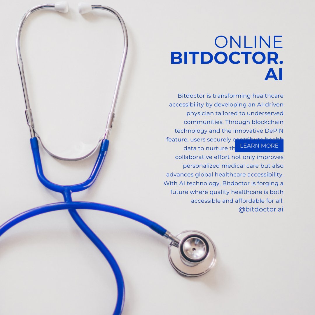 Bitdoctor is transforming healthcare accessibility by developing an AI-driven physician tailored to underserved communities. Through blockchain technology and the innovative DePIN feature, users securely contribute health data to nurture this AI Doctor. 
@bitdoctorai