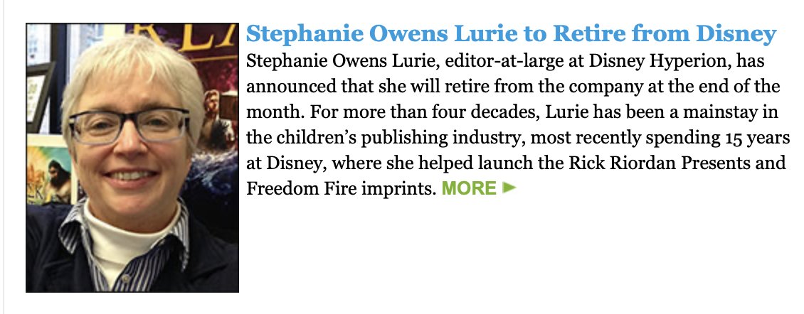 Just read in @PWKidsBookshelf that my pal and former editor, @SOLurie is retiring from Disney-Hyperion. Congratulations on shepherding so many great books to publication, and enjoy your next chapter, Steph! @DisneyBooks