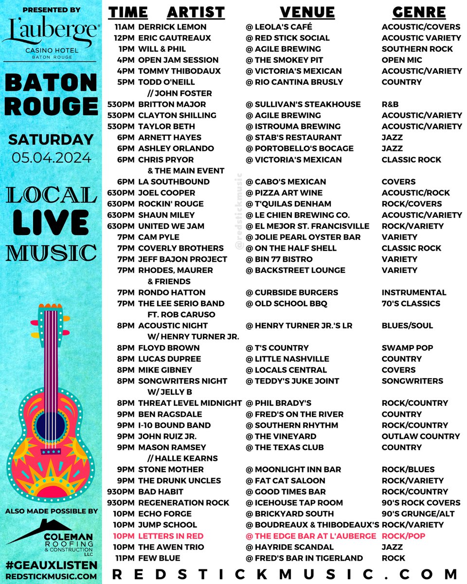 🙌🏻  Saturday 
redstickmusic.com 
#geauxlisten