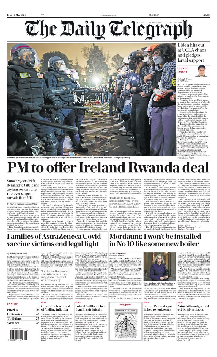 Friday’s Daily TELEGRAPH: “PM to offer Ireland Rwanda deal” #TomorrowsPapersToday