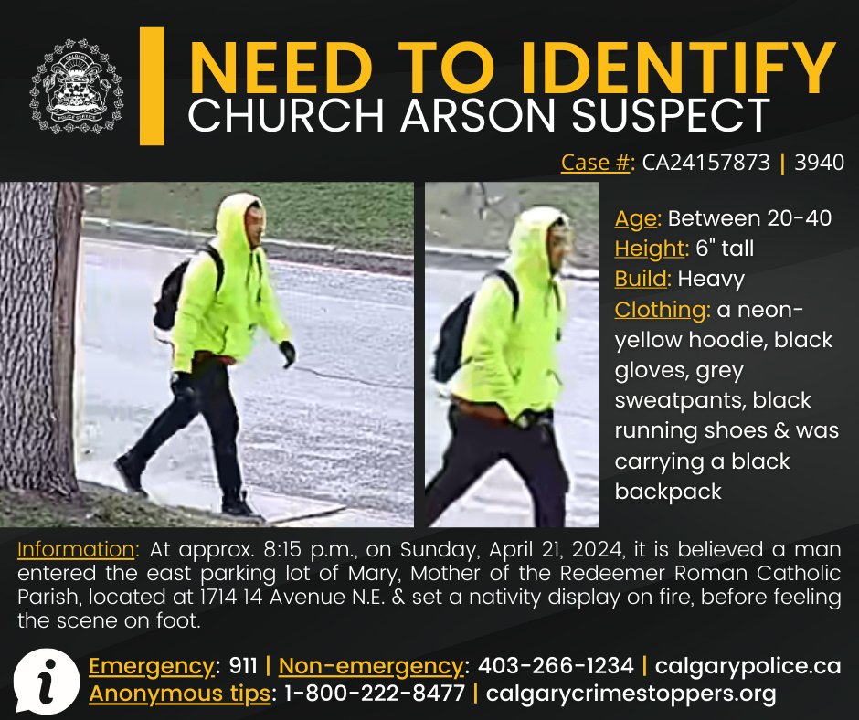 🔎 NEED TO IDENTIFY 🔍

We are investigating a fire that is believed to have been intentionally set at a church in the city’s northeast last month.

At approx. 8:15 p.m., on Sunday, April 21, 2024, it is believed a man entered the east parking lot of Mary, Mother of the Redeemer…