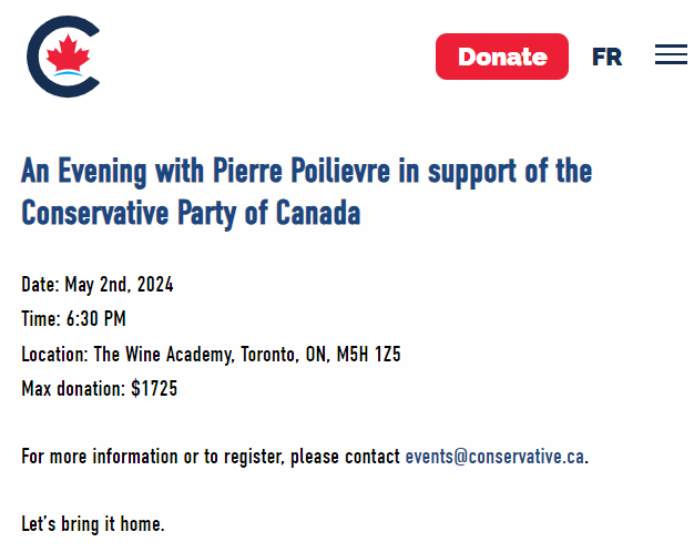Hey Alberta! Who wants to join me in supporting a real working man's politician: @PierrePoilievre? I am sure every hard working Albertan is willing to spend $1,725 to drink wine and listen as he tells us how unaffordable living in Canada has become under Trudeau. #cdnpoli