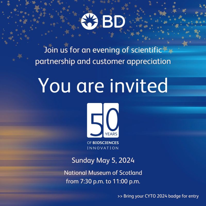 We can't wait to see you at CYTO2024! Join us for an evening of scientific partnership and customer appreciation on Sunday, May 5th, 2024. 
Bring your CYTO 2024 badge for entry.
Learn more
bit.ly/3wh27sw
#FlowJo  #BDBiosciences #CYTO2024