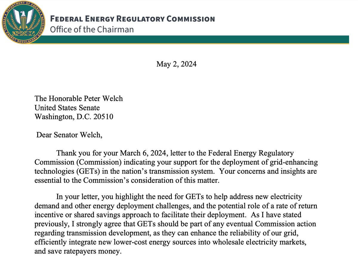 WATTCoalition's tweet photo. Today @FERC Chairman @wlpFERC responded to legislators about #GridEnhancingTechnologies:
"You have my commitment that we will continue to assess the most appropriate mechanisms to fairly compensate all cost-effective transmission investments."
https://t.co/mo3uxmp3pJ https://t.co/IjTEZEqUgn